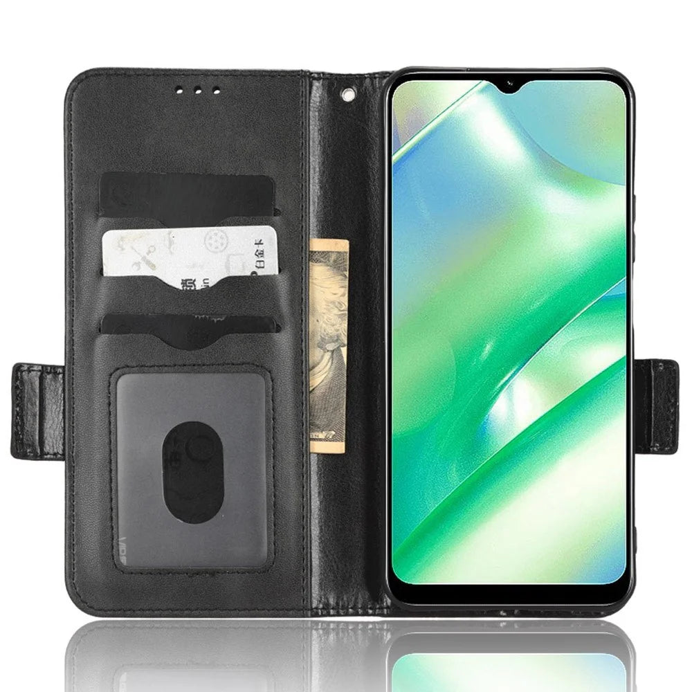 For Realme C22 4G Imprinted Triangle Pattern Leather Magnetic Flip Cover Stand Feature Hand Strap Wallet Purse Phone Case - Black - 2