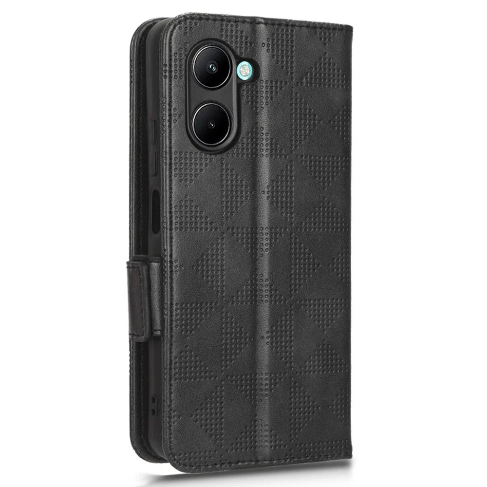 For Realme C22 4G Imprinted Triangle Pattern Leather Magnetic Flip Cover Stand Feature Hand Strap Wallet Purse Phone Case - Black - 6