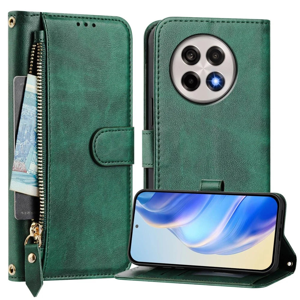 For OnePlus Ace 5 Pro 5G / OnePlus 13R 5G Case Zipper Pocket Multiple Card Slots Leather Phone Cover - Green - 2