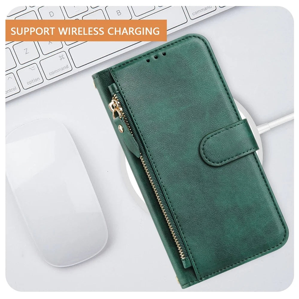For OnePlus Ace 5 Pro 5G / OnePlus 13R 5G Case Zipper Pocket Multiple Card Slots Leather Phone Cover - Green - 6