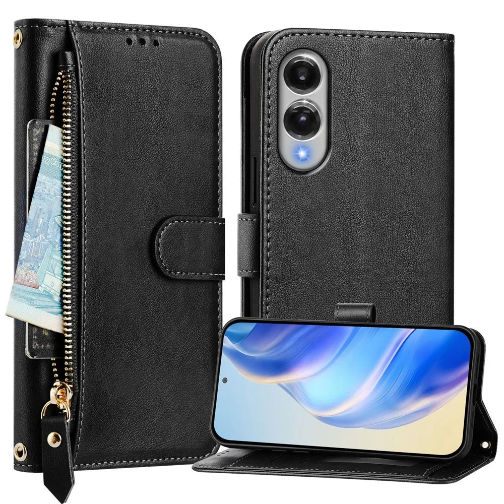 For Samsung Galaxy S25 Edge Case Zipper Pocket Multiple Card Slots Leather Phone Cover - Black - 2