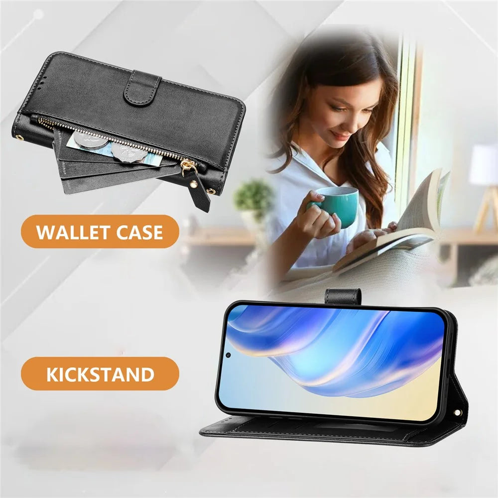 For Samsung Galaxy S25 Edge Case Zipper Pocket Multiple Card Slots Leather Phone Cover - Black - 5