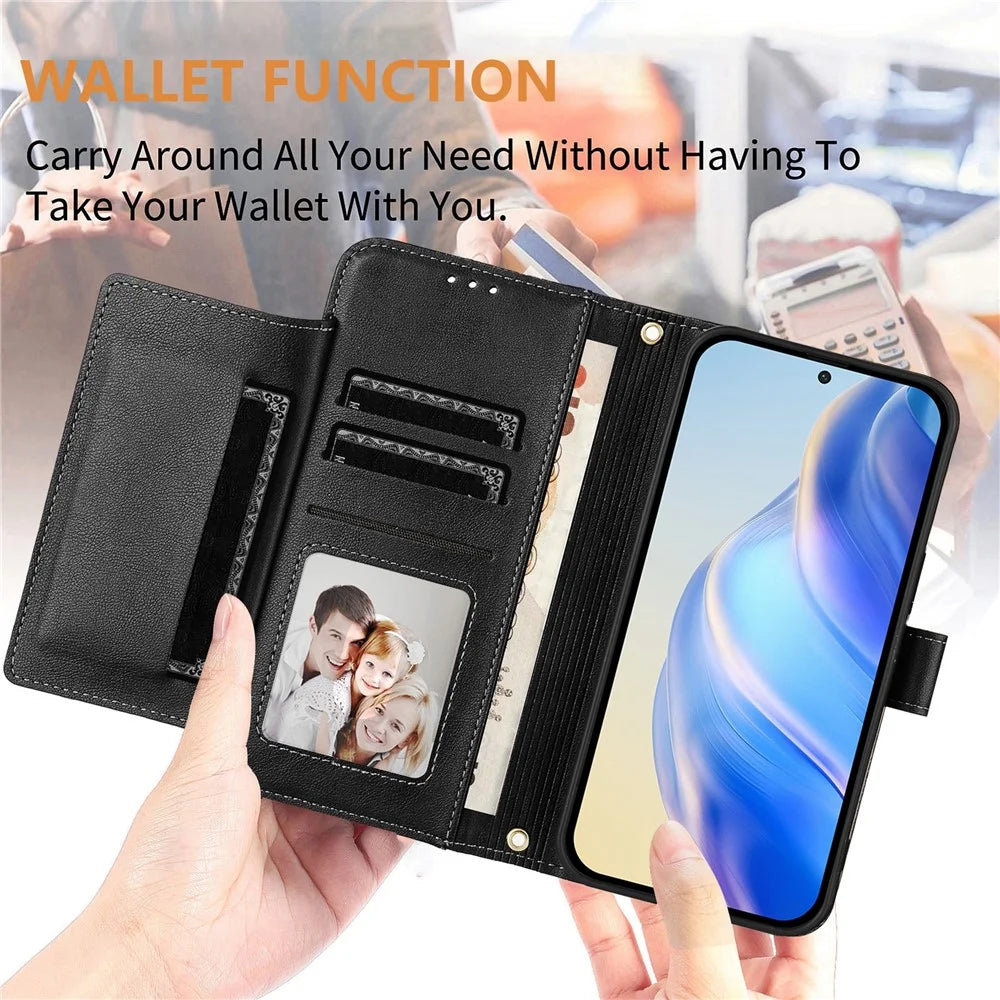 For Samsung Galaxy S25 Edge Case Zipper Pocket Multiple Card Slots Leather Phone Cover - Black - 6