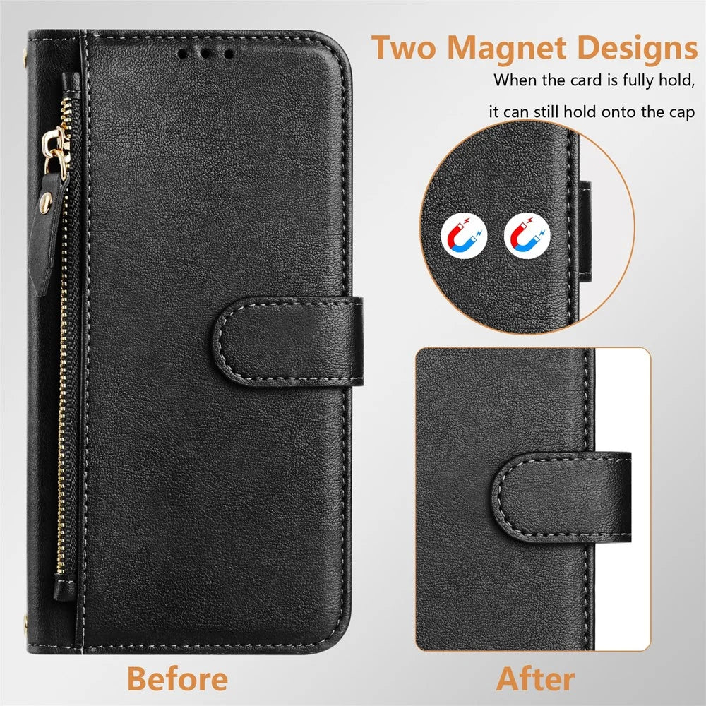 For Samsung Galaxy S25 Edge Case Zipper Pocket Multiple Card Slots Leather Phone Cover - Black - 7