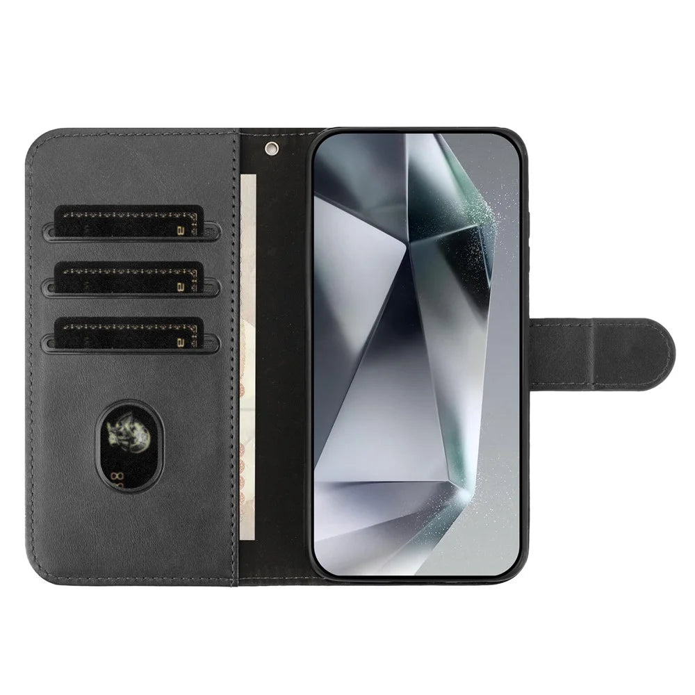 For iPhone 17e / 16e Stand Case with Strap PU Leather Wallet Phone Cover S Shape Stitching Design - Black - 2