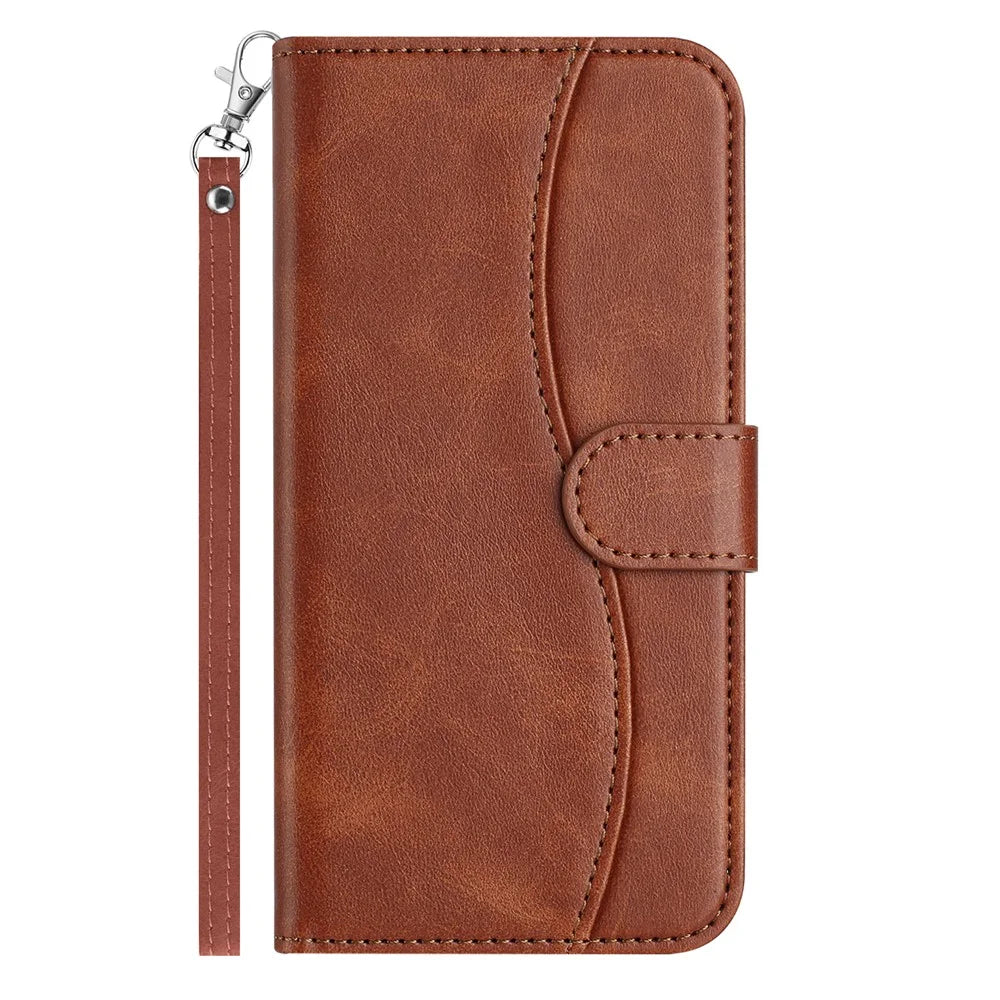 For iPhone 16 Pro Stand Case with Strap PU Leather Wallet Phone Cover S Shape Stitching Design - Coffee - 5