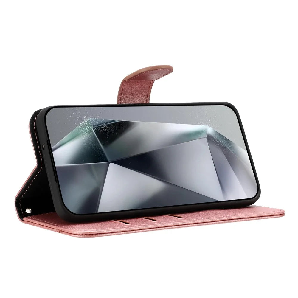 For Samsung Galaxy S24 FE Stand Case with Strap PU Leather Wallet Phone Cover S Shape Stitching Design - Rose Gold - 2