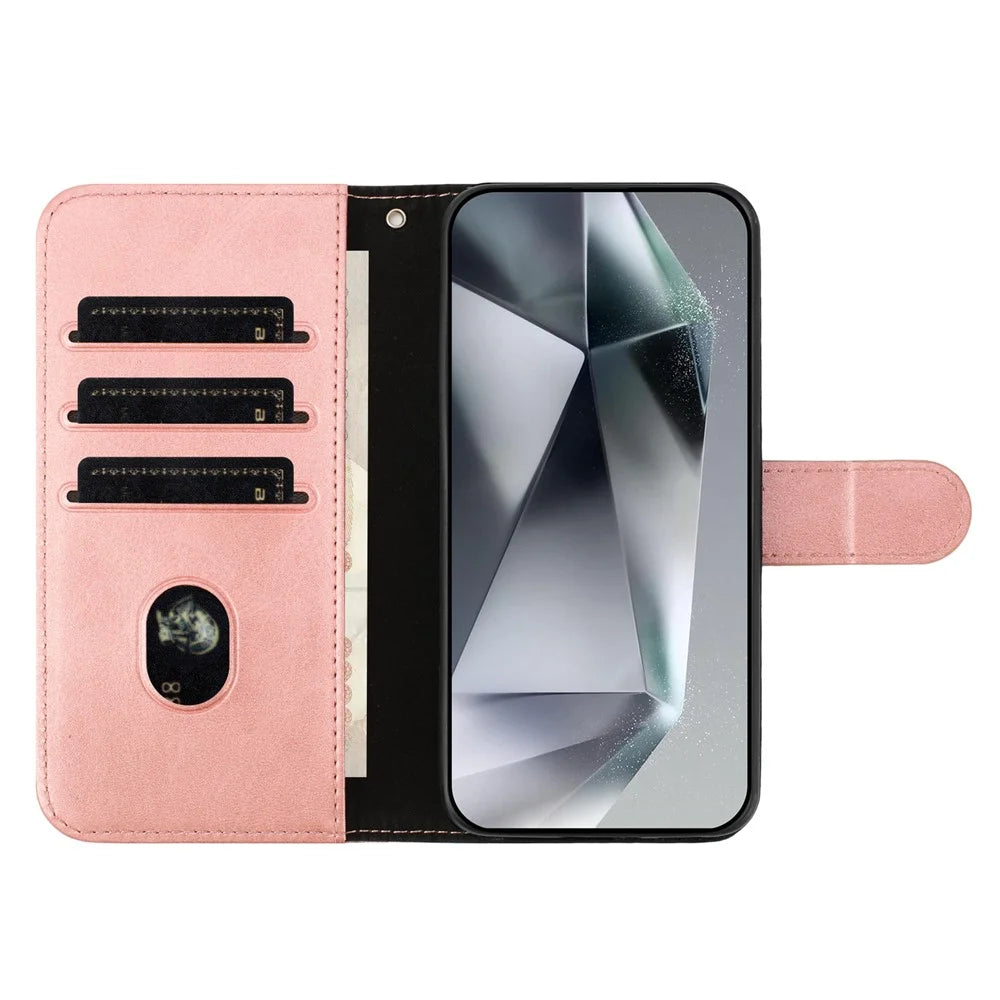 For Samsung Galaxy S24 FE Stand Case with Strap PU Leather Wallet Phone Cover S Shape Stitching Design - Rose Gold - 3