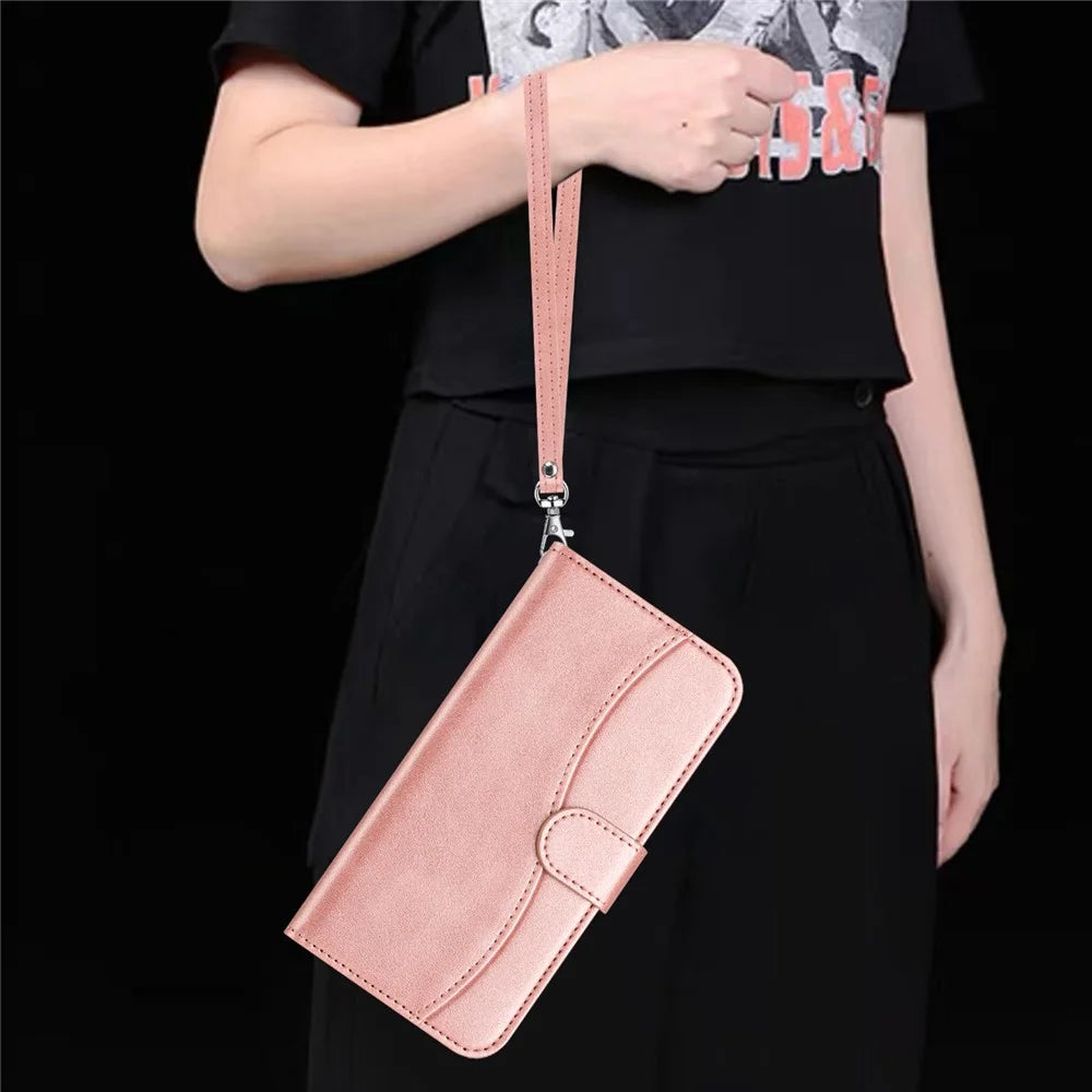 For Samsung Galaxy S24 FE Stand Case with Strap PU Leather Wallet Phone Cover S Shape Stitching Design - Rose Gold - 4