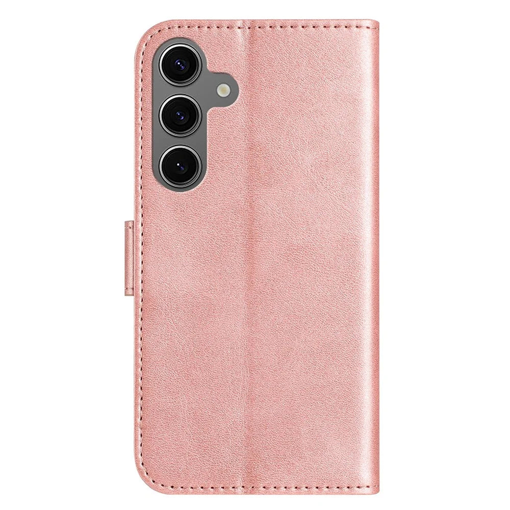 For Samsung Galaxy S24 FE Stand Case with Strap PU Leather Wallet Phone Cover S Shape Stitching Design - Rose Gold - 6