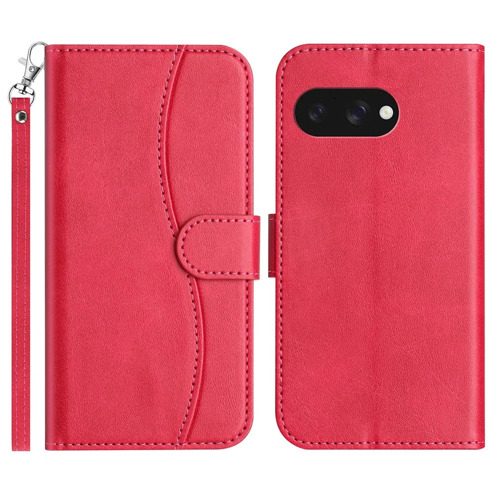 For Google Pixel 9a Stand Case with Strap PU Leather Wallet Phone Cover S Shape Stitching Design - Rose - 1