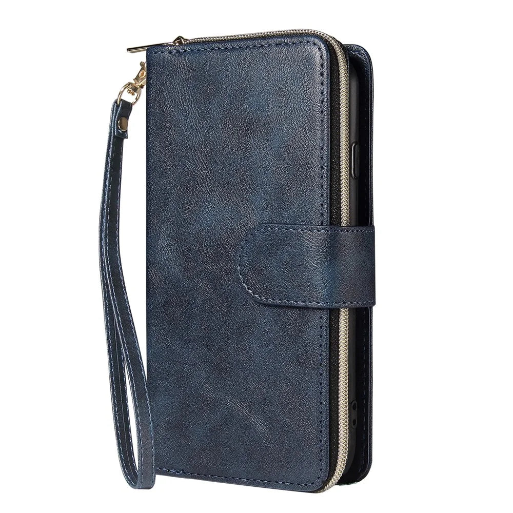 For iPhone 17e / 16e Case Zipper Pocket PU Leather Phone Cover with Hand Strap - Blue - 7