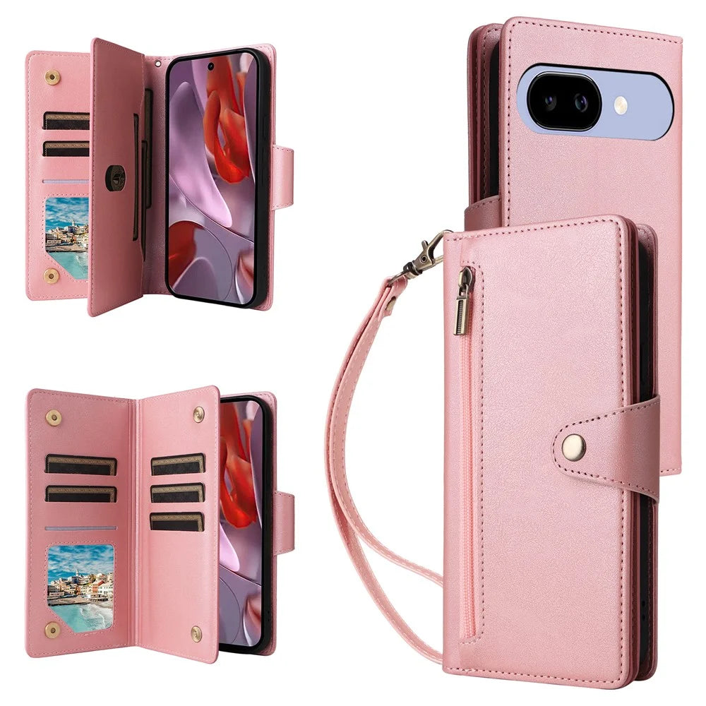 For Google Pixel 9a Case Zipper Wallet Leather Stand Phone Cover Rivet Decor - Rose Gold - 1