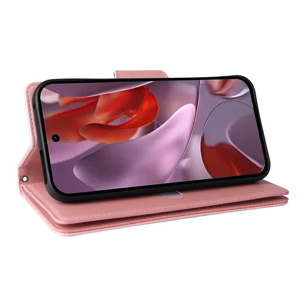 For Google Pixel 9a Case Zipper Wallet Leather Stand Phone Cover Rivet Decor - Rose Gold - 3