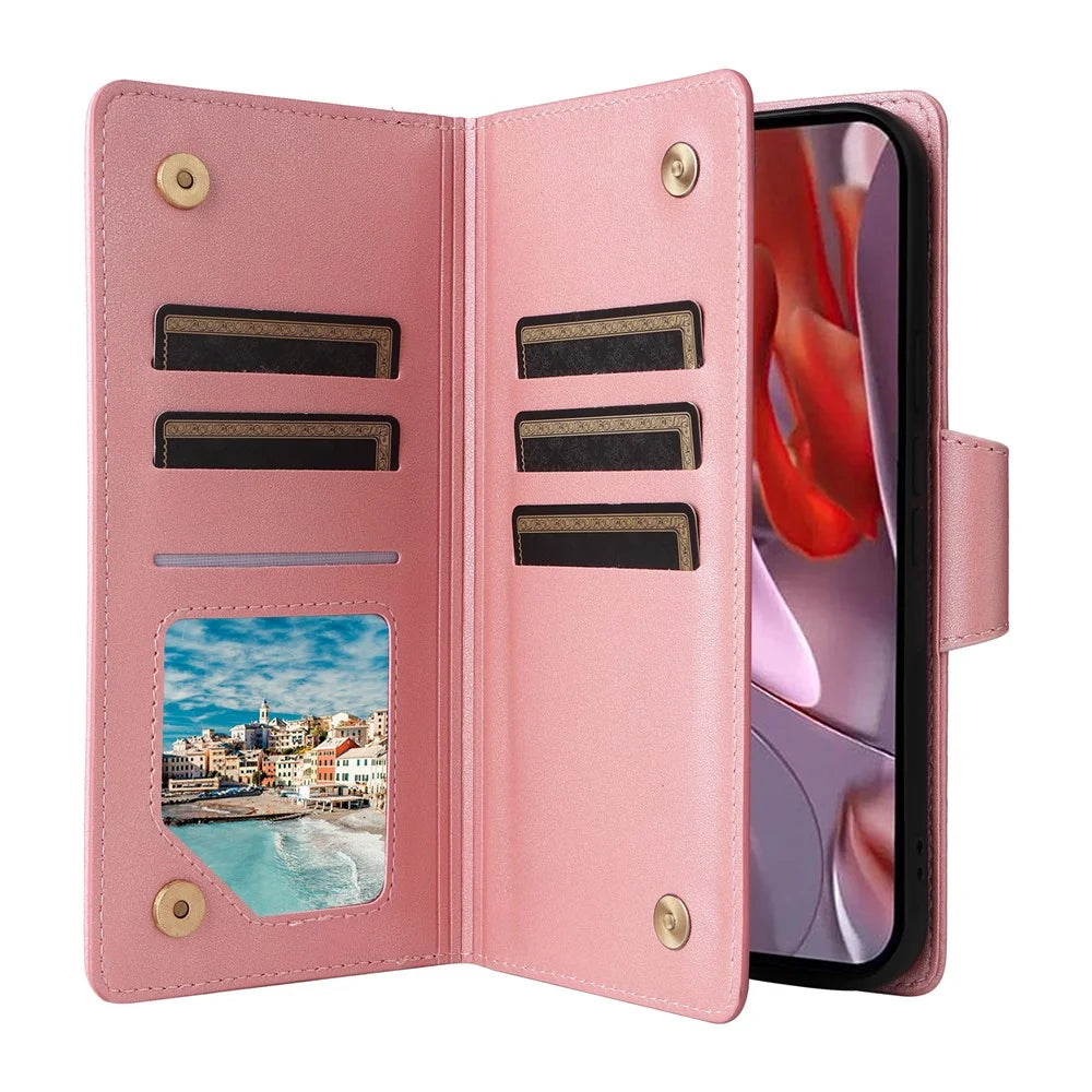 For Google Pixel 9a Case Zipper Wallet Leather Stand Phone Cover Rivet Decor - Rose Gold - 5