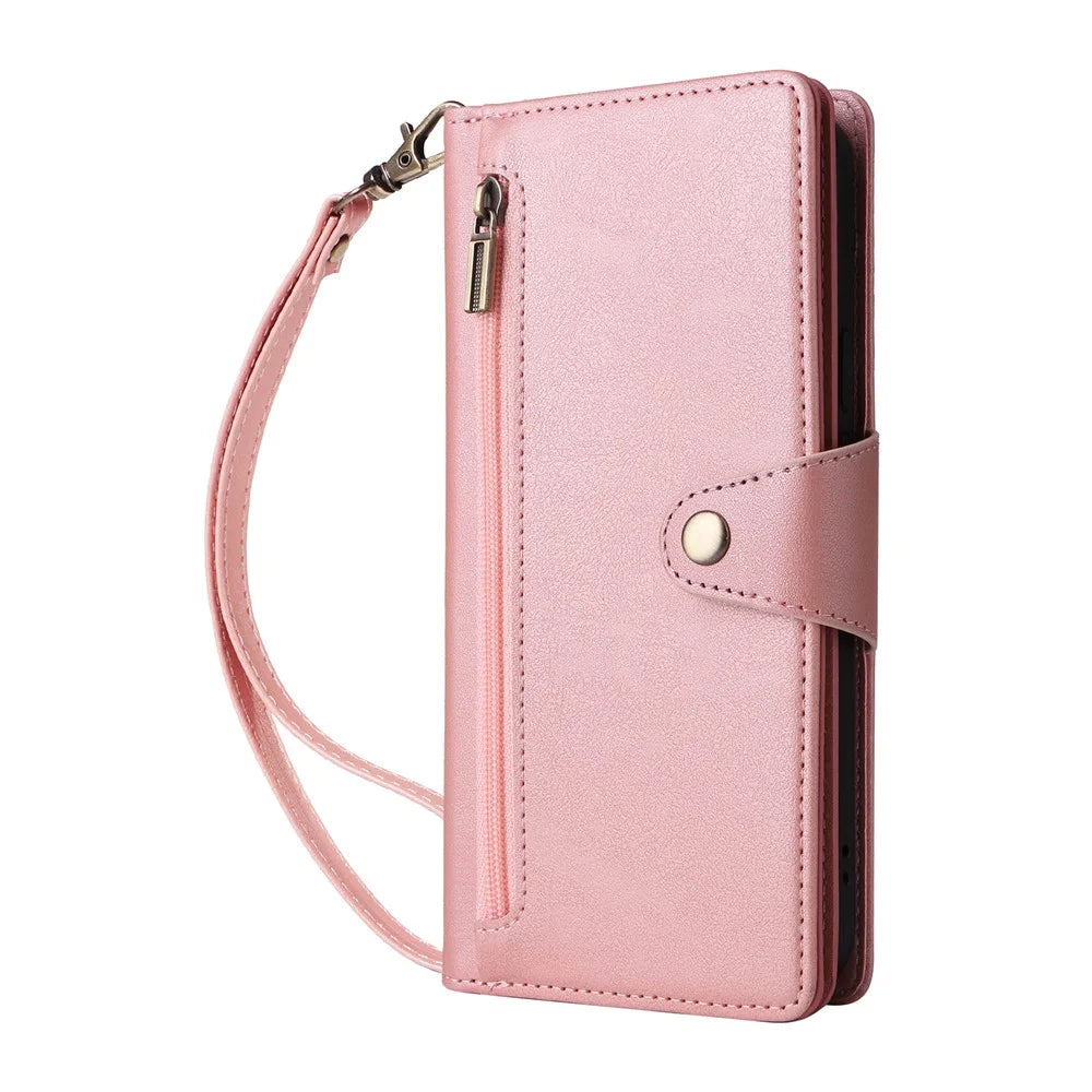 For Google Pixel 9a Case Zipper Wallet Leather Stand Phone Cover Rivet Decor - Rose Gold - 6