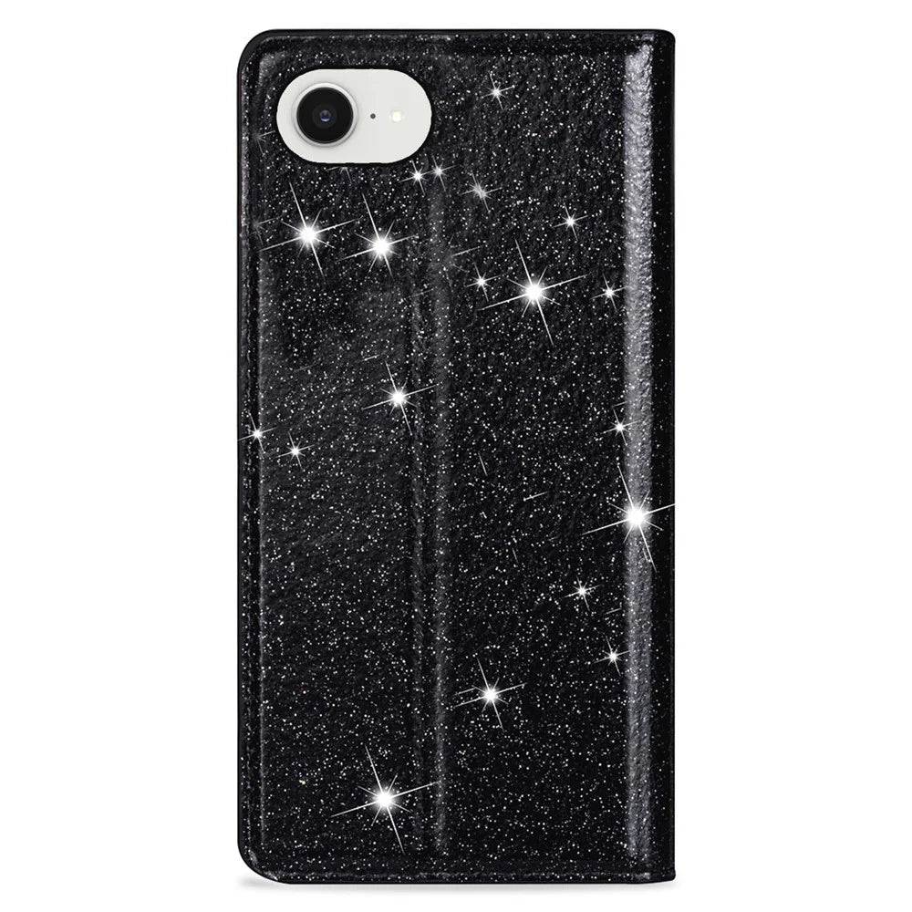 For iPhone 17e / 16e Case Glittery PU Leather + TPU Card Slot Phone Cover - Black - 7
