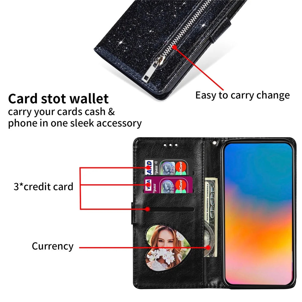 For iPhone 17e / 16e Stand Case Glitter Phone Leather Cover Zipper Pocket - Black - 4