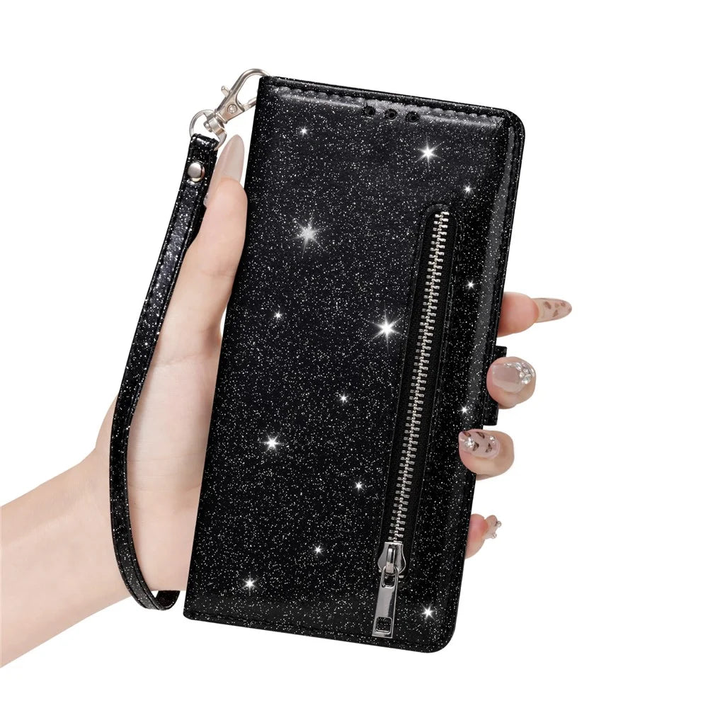 For iPhone 17e / 16e Stand Case Glitter Phone Leather Cover Zipper Pocket - Black - 6