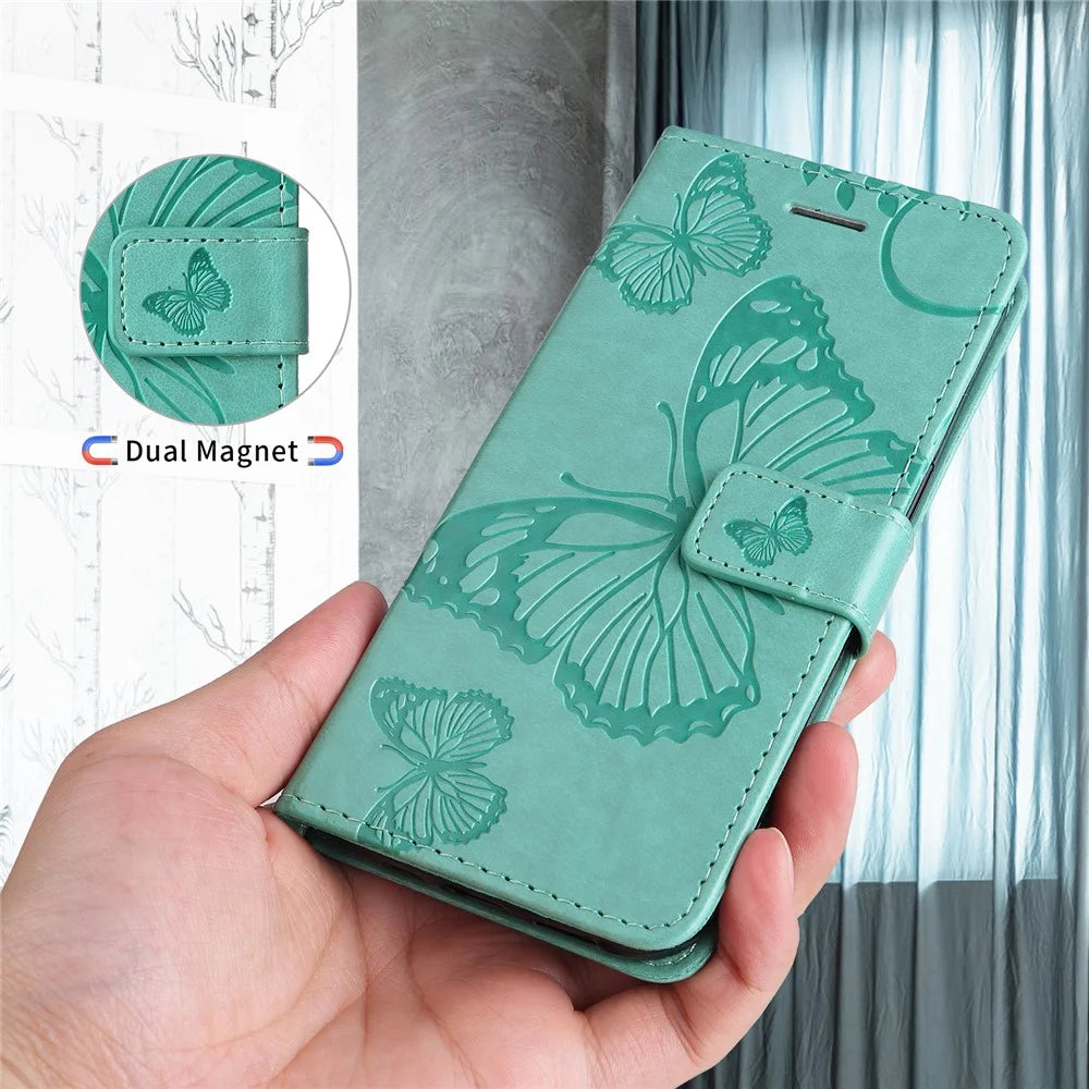 For Samsung Galaxy S25 Edge Wallet Case Floral Butterfly Imprinted Leather Phone Cover Stand -  Green - 6