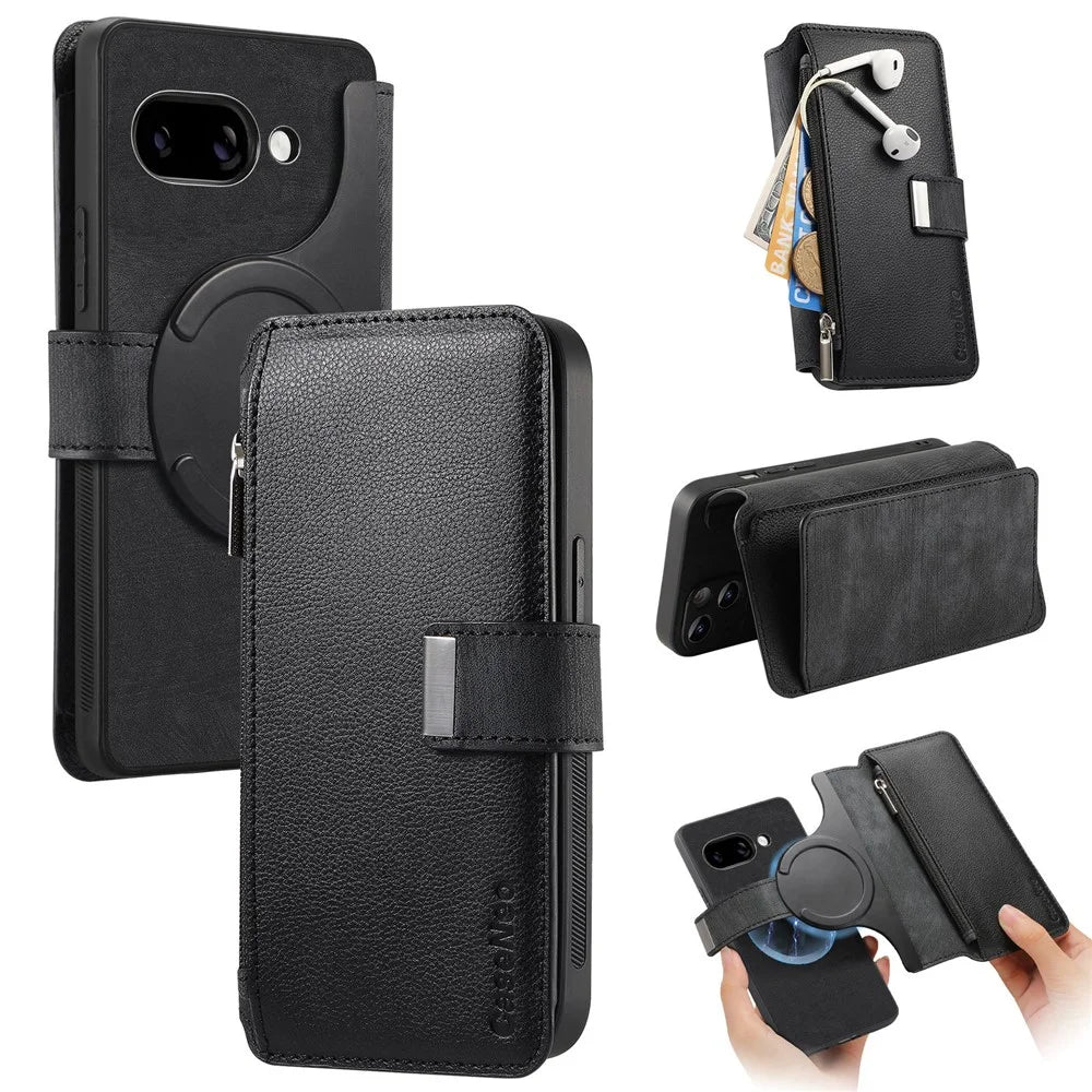 CASENEO For Google Pixel 9a Case  MW-02 Detachable Magnetic Leather Flip Phone Cover - Black - 1