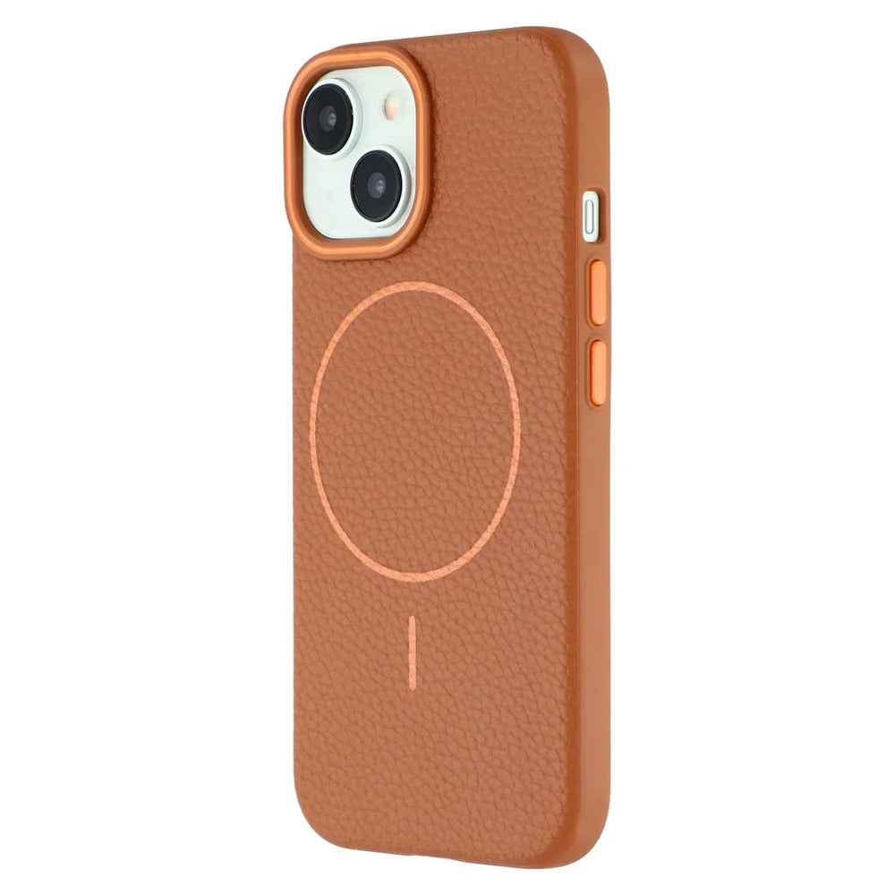 For iPhone 14 Magnetic Case Litchi Texture TPU Phone Cover Compatible with MagSafe - Brown - 4