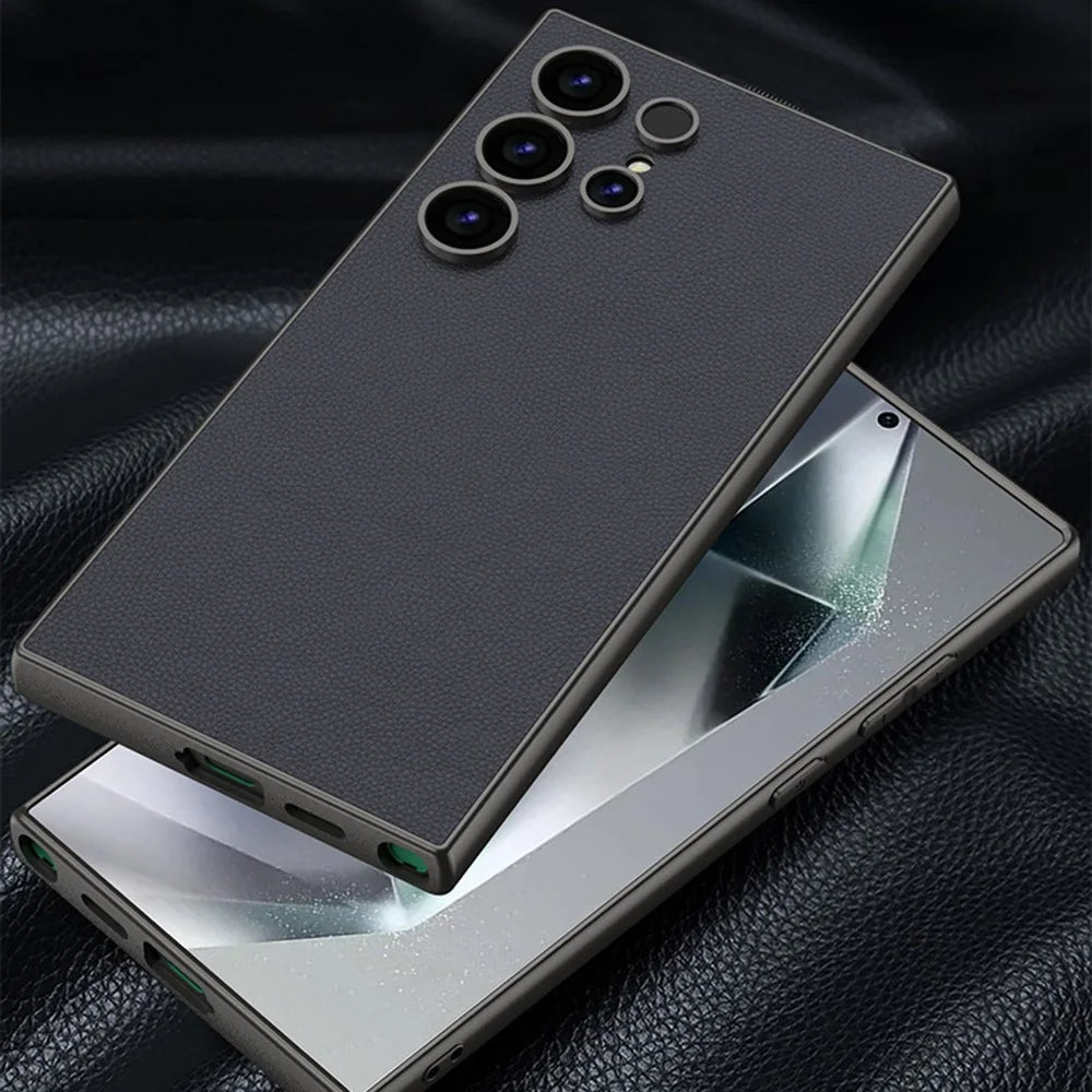 For Samsung Galaxy S25 Ultra Case Anti Drop Matte Skin-Touch Metal Paint PU Leather + TPU Phone Cover - Titanium Black - 2