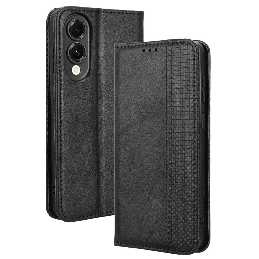 For Samsung Galaxy S25 Edge Case Wallet Stand Retro Texture Leather Phone Cover - Black - 1