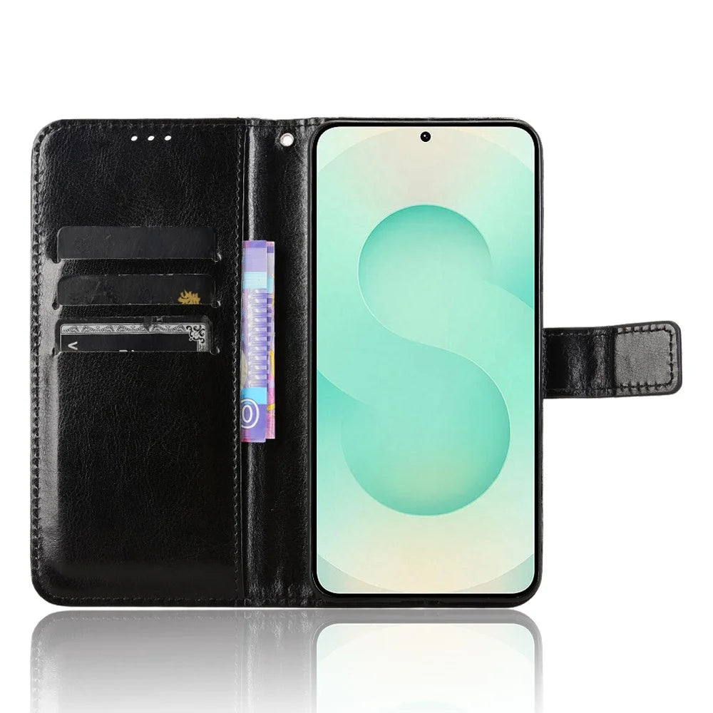 For Samsung Galaxy S25 Edge Case Crazy Horse Texture PU Leather Phone Wallet Cover - Black - 3