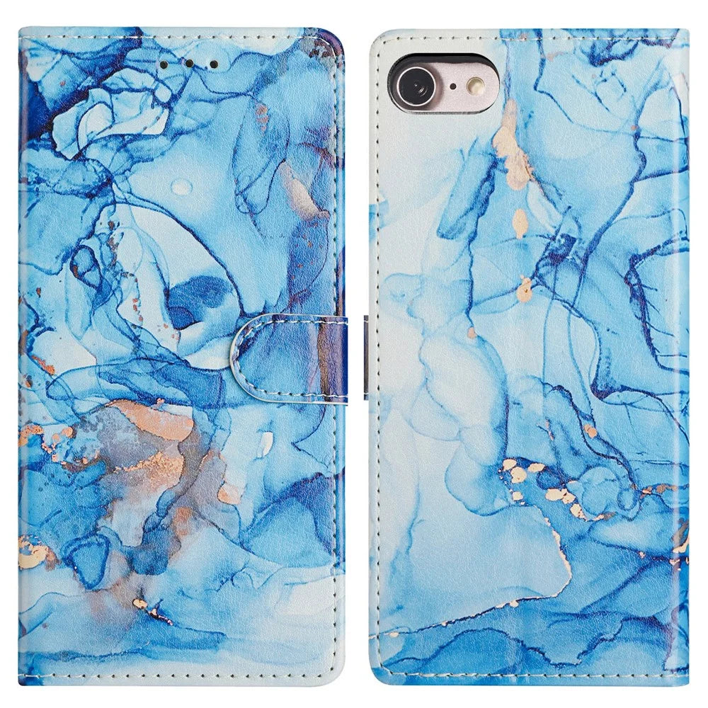 For iPhone 17e / 16e Wallet Phone Case PU Leather Flip Cover with Stand Card Holder Painted Design - Blue Marble - 1