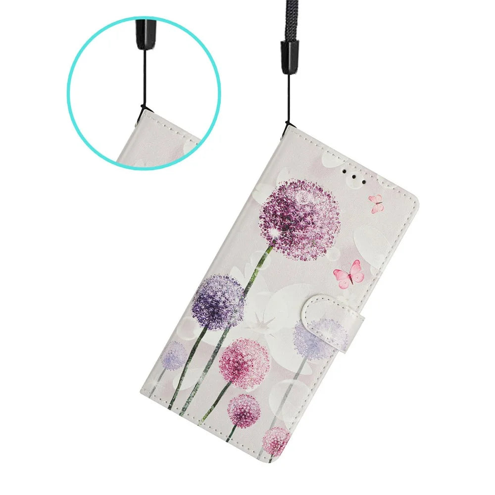 For iPhone 16 Pro Wallet Phone Case PU Leather Flip Cover with Stand Card Holder Painted Design - Dandelion - 5