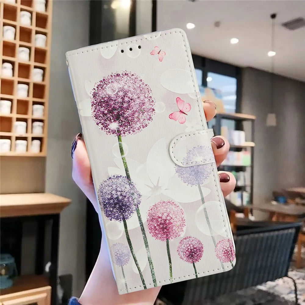 For iPhone 16 Pro Wallet Phone Case PU Leather Flip Cover with Stand Card Holder Painted Design - Dandelion - 6