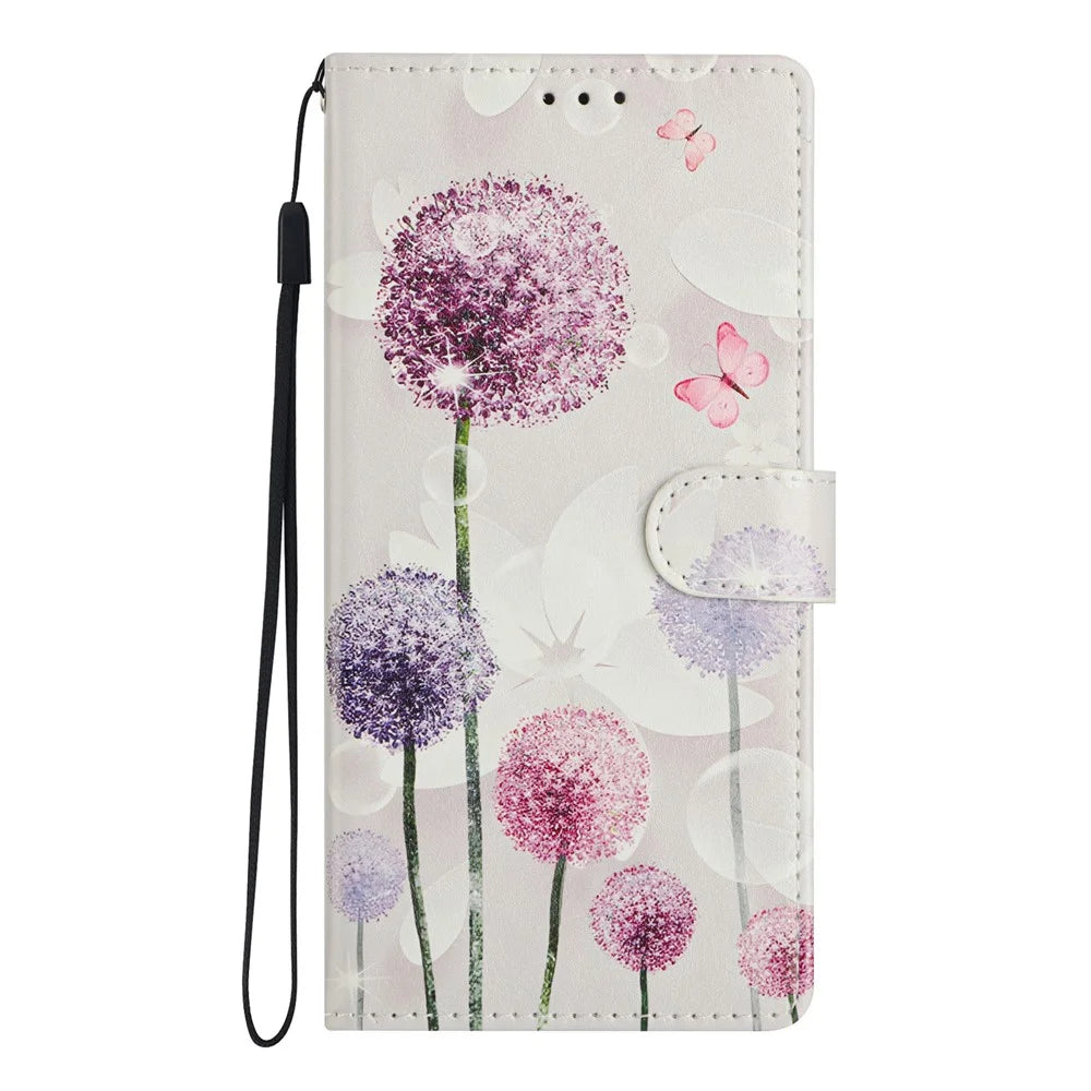 For iPhone 16 Pro Wallet Phone Case PU Leather Flip Cover with Stand Card Holder Painted Design - Dandelion - 7