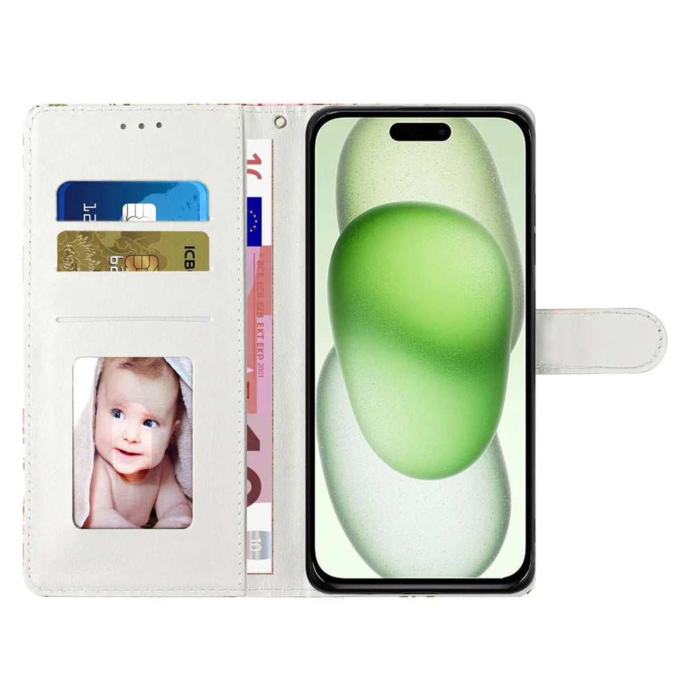 For iPhone 15 Wallet Phone Case PU Leather Flip Cover with Stand Card Holder Painted Design - Dandelion - 3