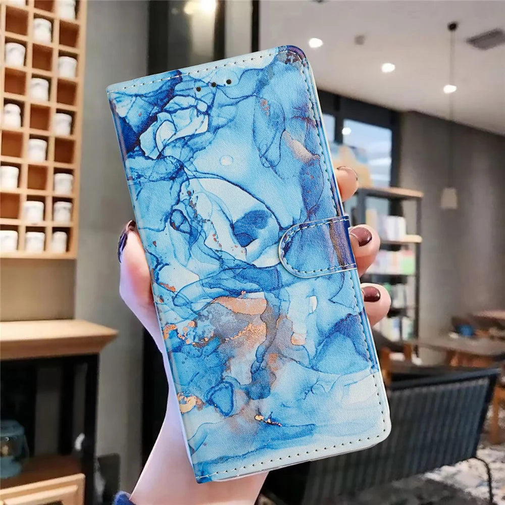 For Samsung Galaxy A16 5G  /  4G Wallet Phone Case PU Leather Flip Cover with Stand Card Holder Painted Design - Blue Marble - 6