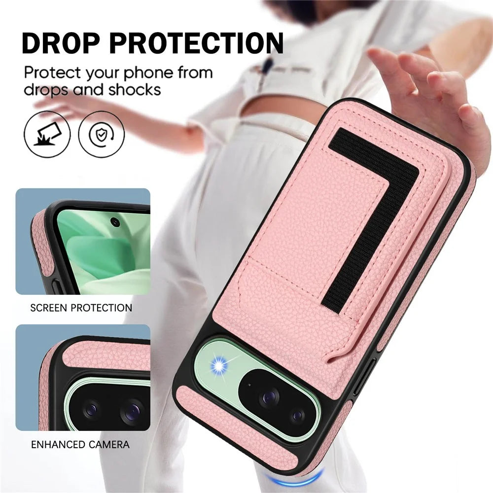 For Google Pixel 9 Pro / Google Pixel 9 Magnetic Case TPU + PU Leather Phone Back Cover with Detachable Card Holder - Pink - 6
