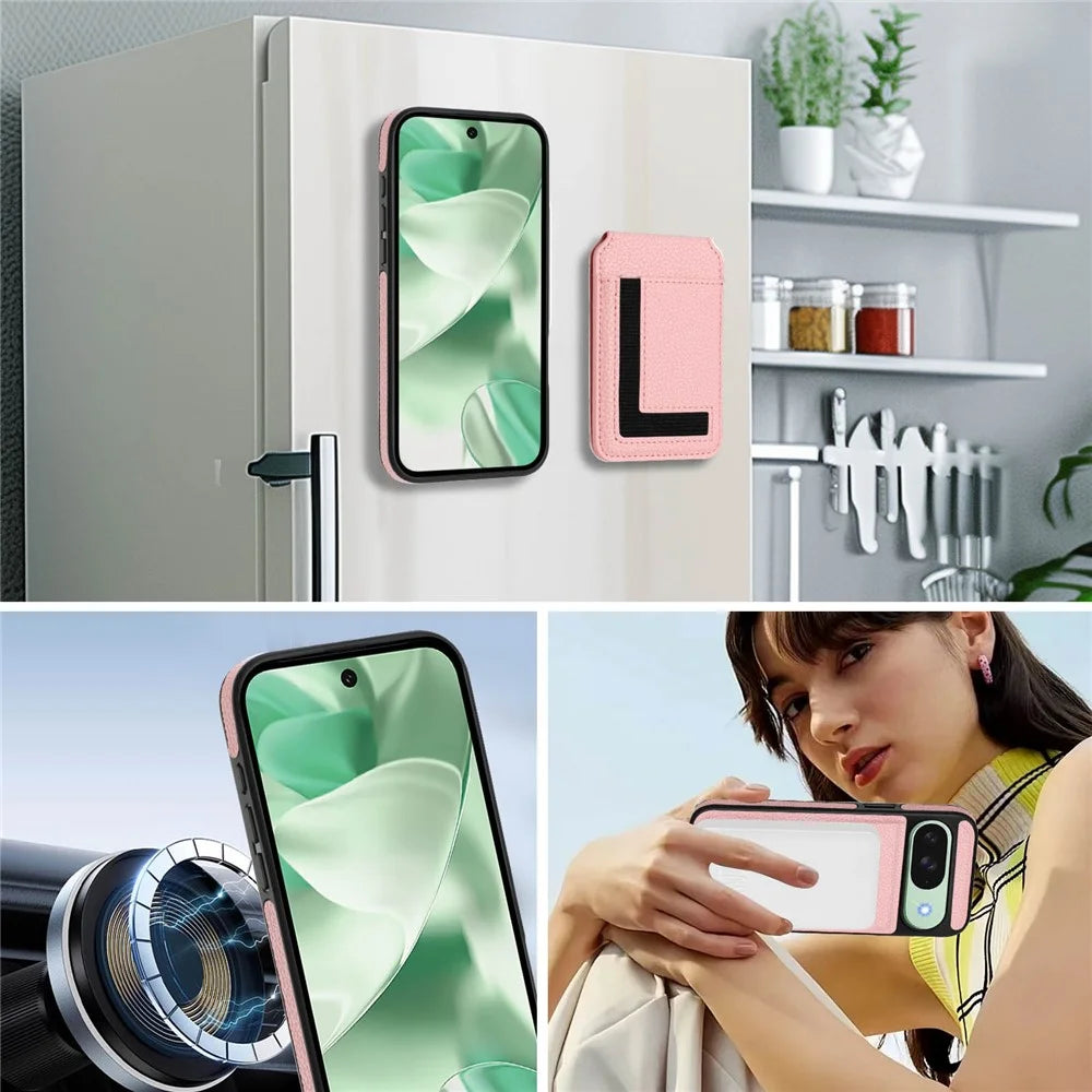 For Google Pixel 9 Pro / Google Pixel 9 Magnetic Case TPU + PU Leather Phone Back Cover with Detachable Card Holder - Pink - 7