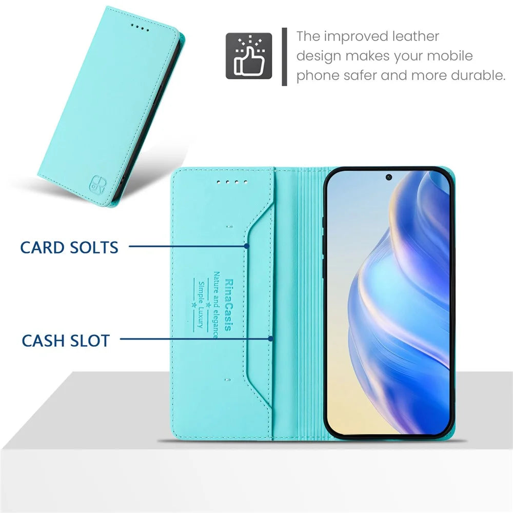 For Samsung Galaxy A26 5G Leather Case RINACASIS RC01 Phone Cover with RFID Blocking Wallet Stand - Mint Green - 5