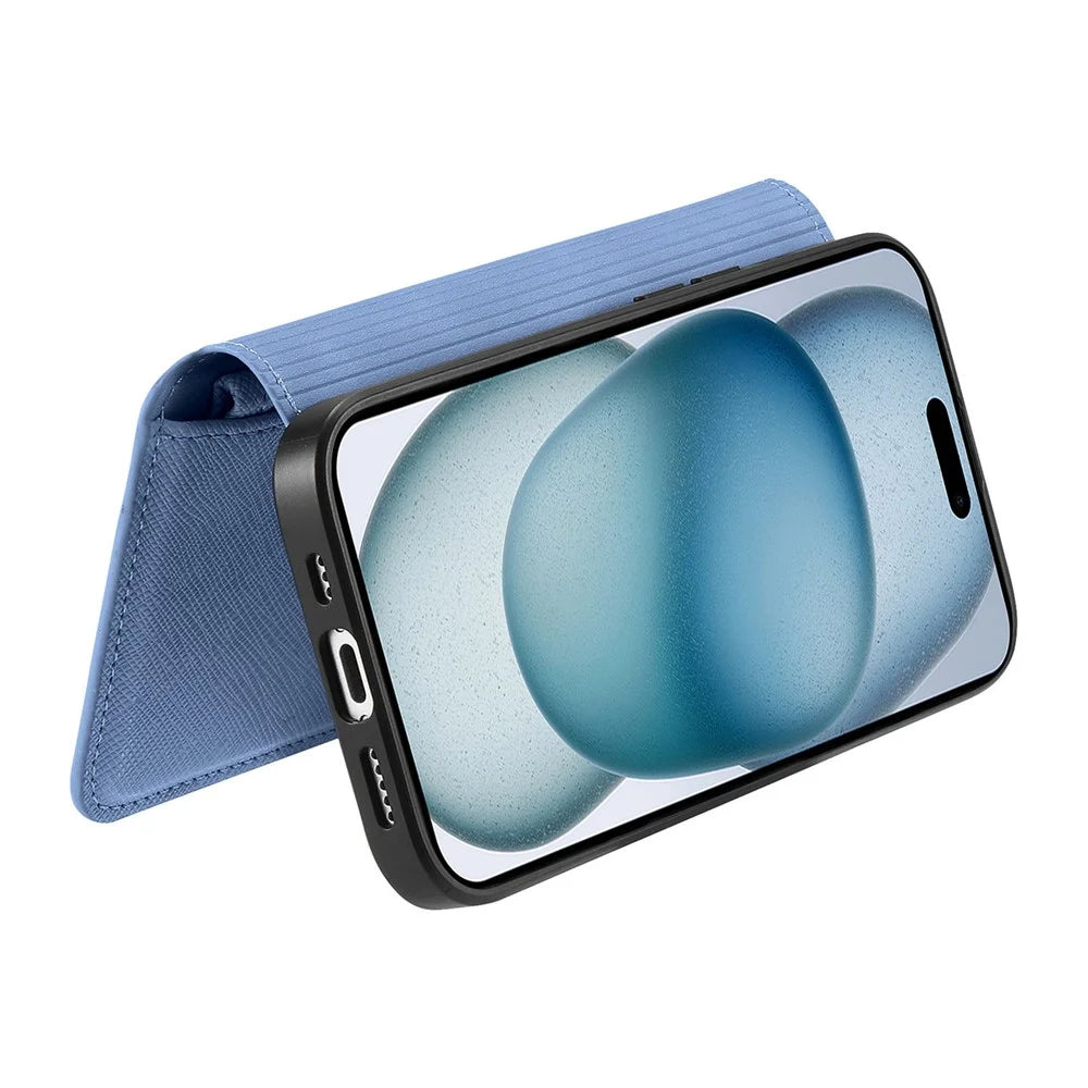 For iPhone 17e / 16e Leather Case Cross Texture Detachable Magnetic Phone Cover Wallet Stand - Blue - 6