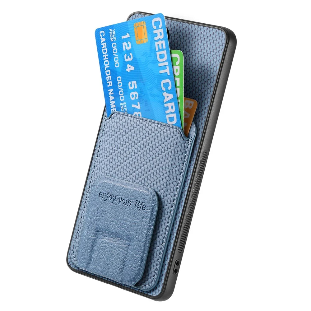 For Samsung Galaxy A36 5G Case Card Holder Carbon Fiber Texture Leather Coated TPU Phone Cover - Blue - 4