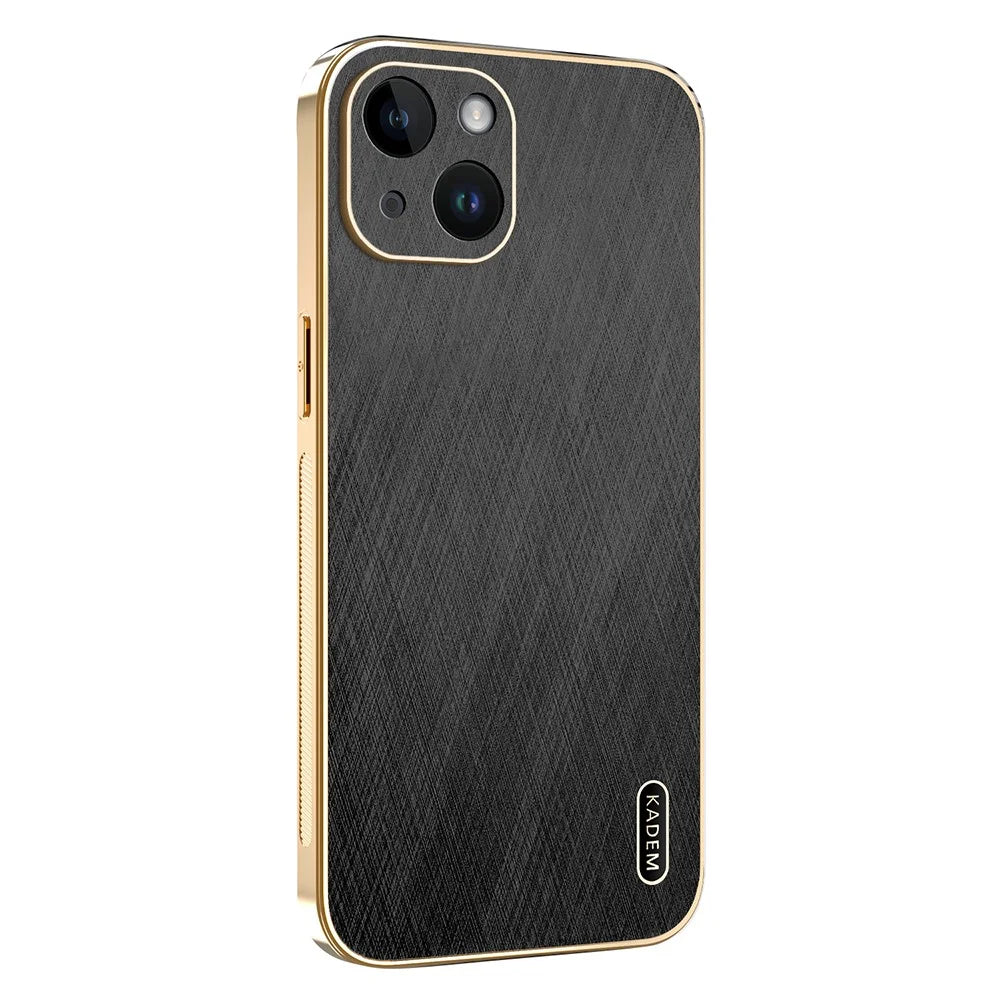 KADEM For iPhone 14 Case Electroplating Silk Texture PU + TPU Phone Back Cover - Black - 1