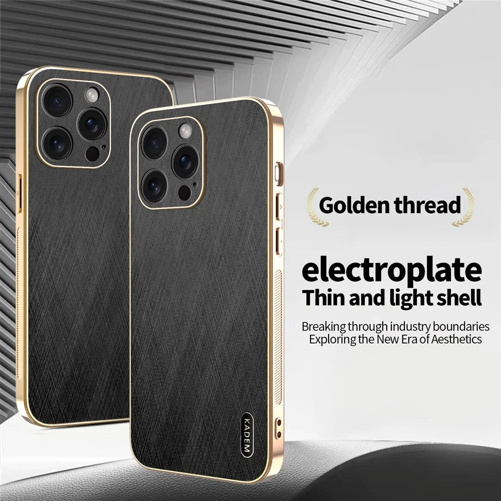 KADEM For iPhone 15 Pro Max Case Electroplating Silk Texture PU + TPU Phone Back Cover - Black - 2