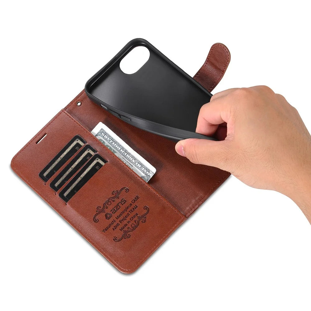 AZNS For iPhone 17e / 16e Case Anti-Scratch PU Leather Stand Wallet Phone Cover - Brown - 4