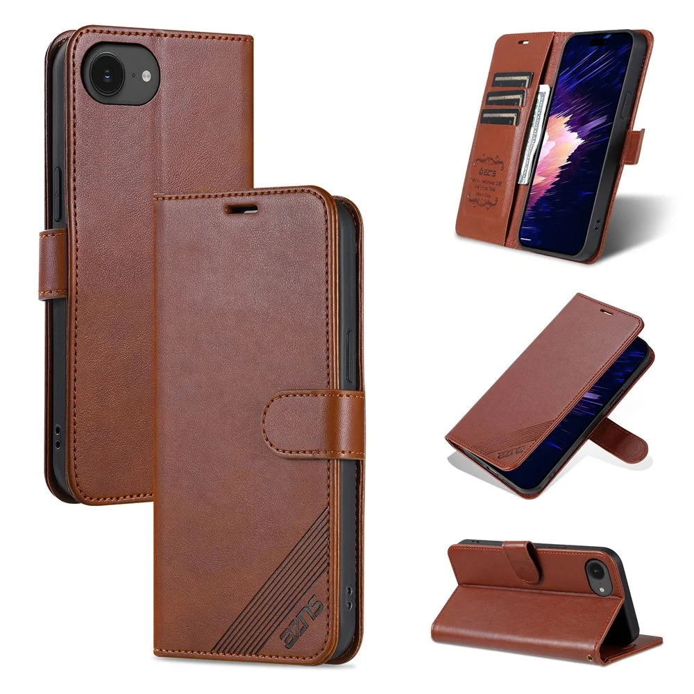 AZNS For iPhone 17e / 16e Case Anti-Scratch PU Leather Stand Wallet Phone Cover - Brown - 5