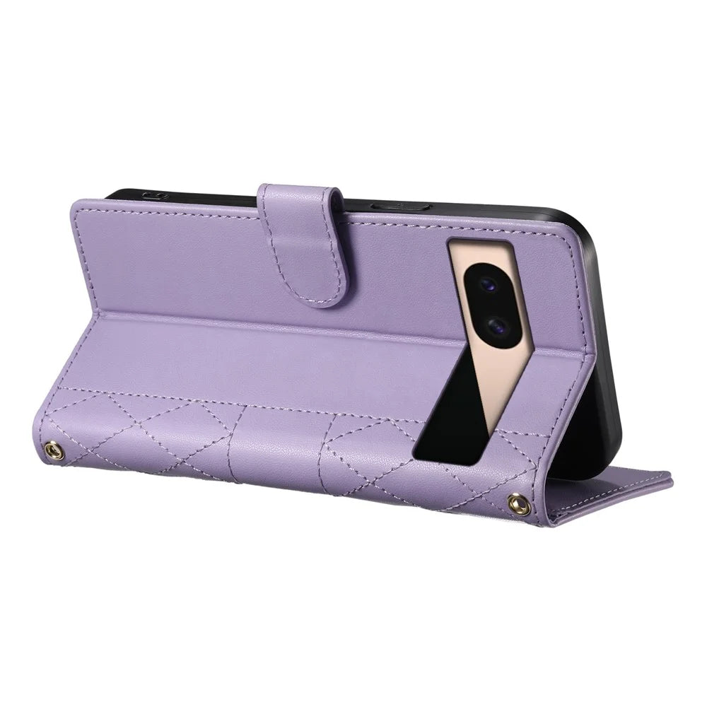 For Google Pixel 8a Case Rhombus Stitching Wallet Stand Leather Phone Cover with Long  /  Short Strap - Purple - 4