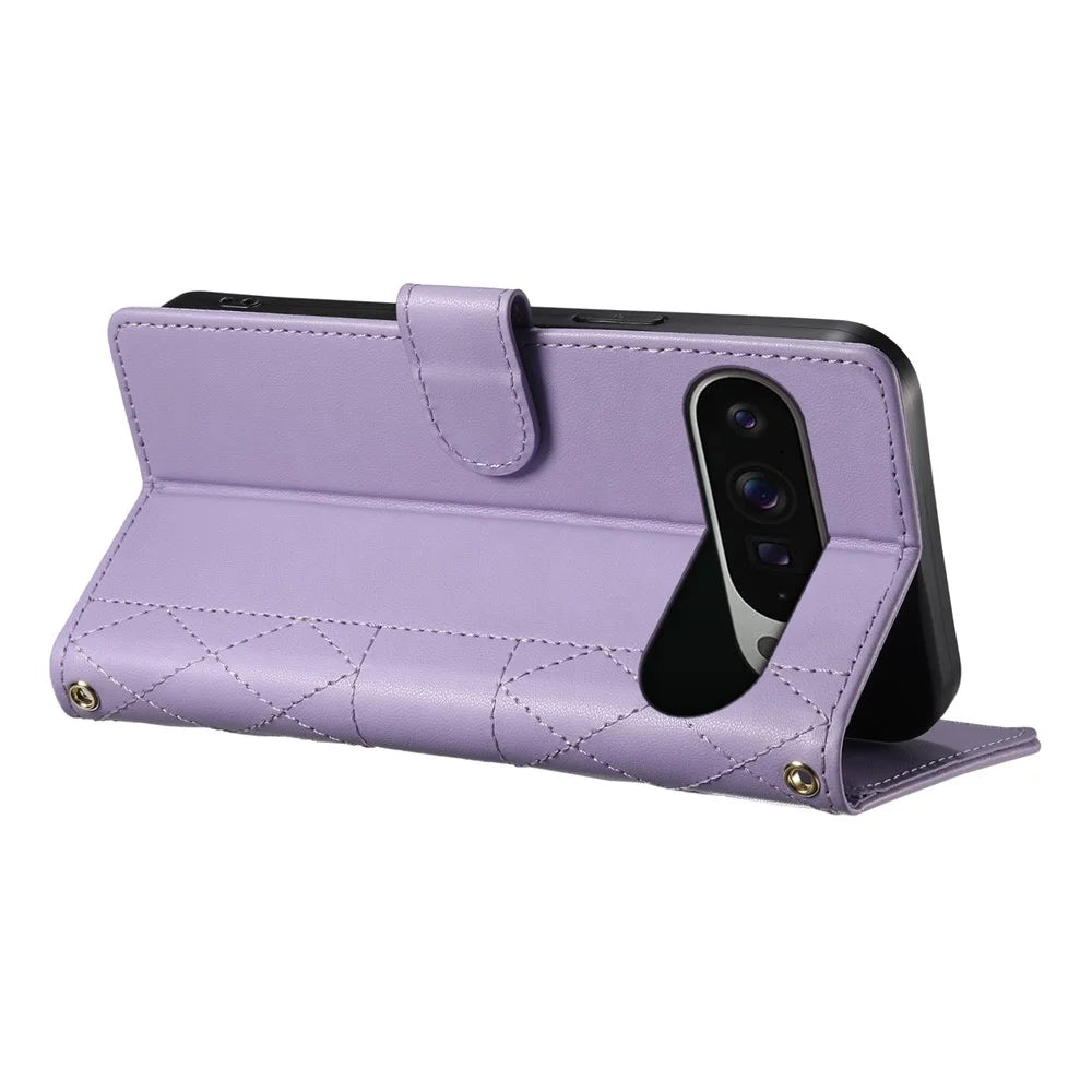 For Google Pixel 9 Pro XL Case Rhombus Stitching Wallet Stand Leather Phone Cover with Long  /  Short Strap - Purple - 4