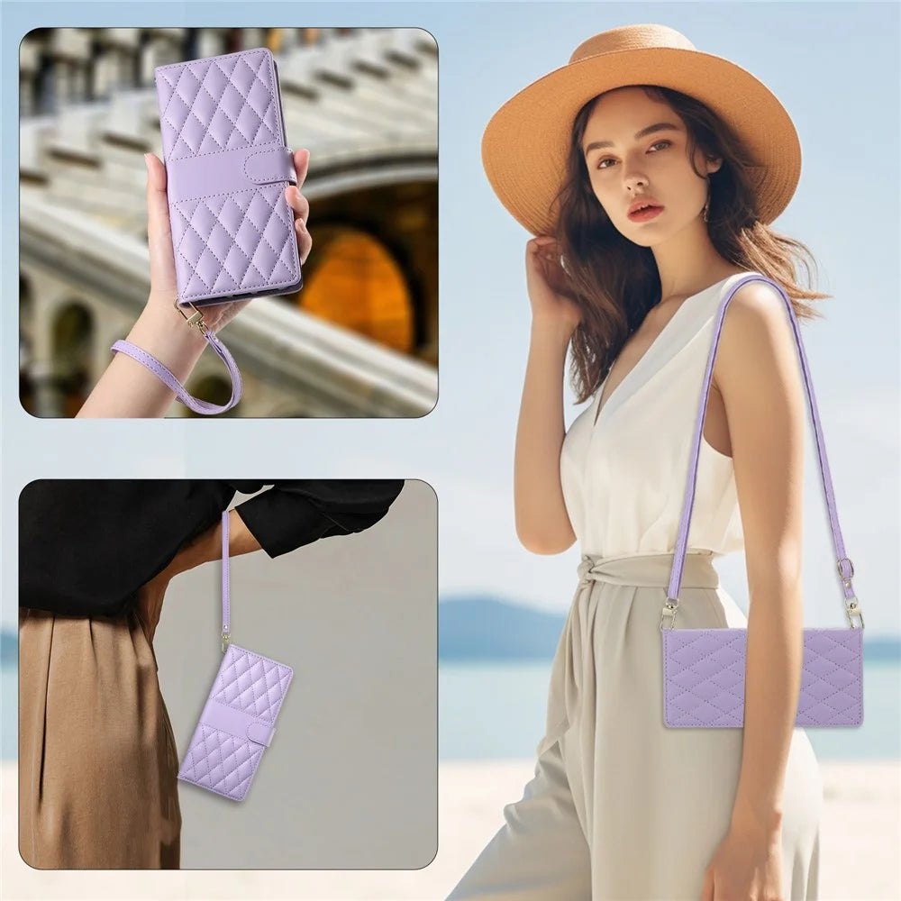 For Google Pixel 9 Pro XL Case Rhombus Stitching Wallet Stand Leather Phone Cover with Long  /  Short Strap - Purple - 5