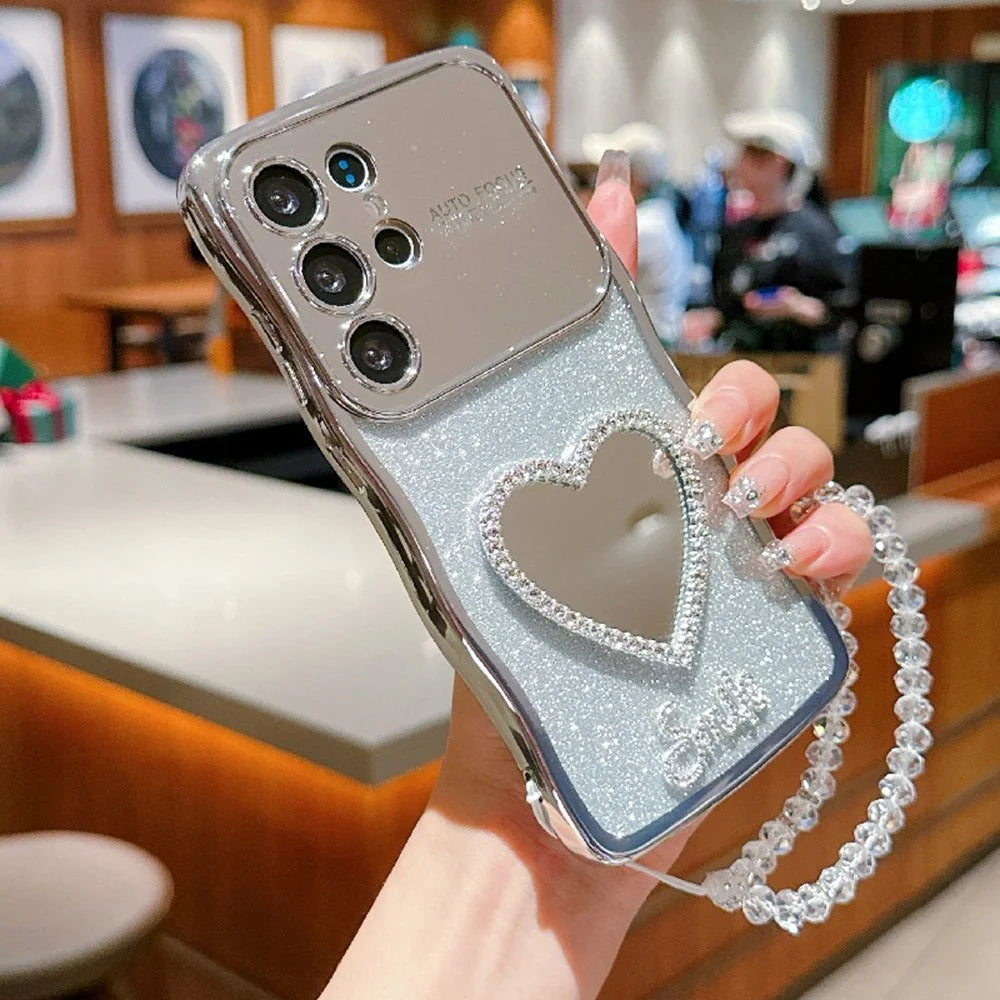 For Samsung Galaxy S25 Ultra Case Electroplated Wavy Frame Glitter TPU Phone Cover with Mirror, Strap - Silver - 2