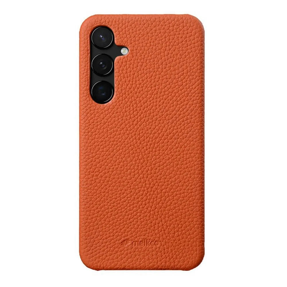 MELKCO For Samsung Galaxy S25+ Case Incomplete Edge Genuine Cow Leather Coated PC Cover - Orange - 1