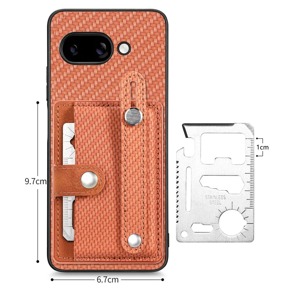 For Google Pixel 9a Case Carbon Fiber Texture Leather Phone Back Cover with Card Holder - Brown - 5